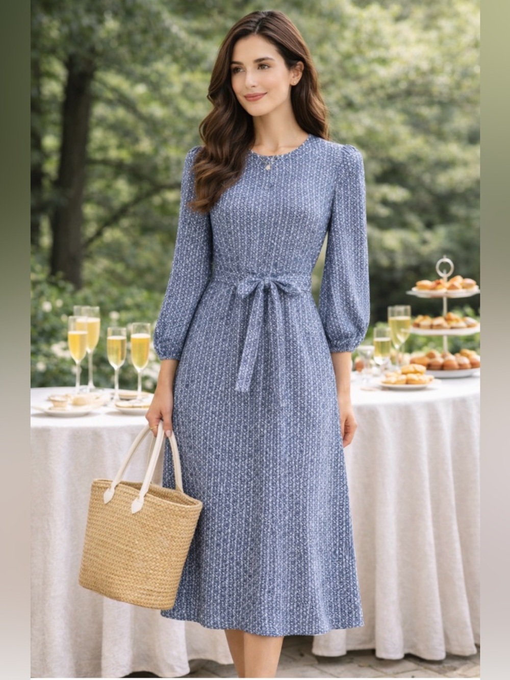 BURU x Kristin Kennedy The‎ Kristin Dress Blue Print Midi L NWT